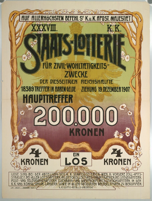Plakat an einer Gebäudewand, das eine Lotterie mit Text und Zahlen ankündigt und ein großes Bild von Geld zeigt.