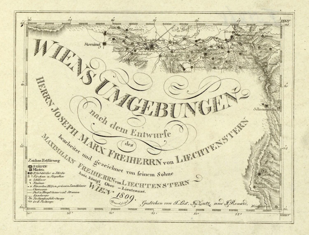 Detailierte alte Karte von Wien, Deutschland, zeigt Städte, Ortschaften, geografische Merkmale und Text mit Bevölkerungsangaben, Straßen und Sehenswürdigkeiten.