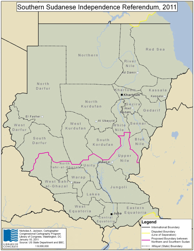 Plakat mit einer bunten Karte der Südsudanesischen Unabhängigkeitsreferendum in 2011, einschließlich Symbole und erklärenden Text.