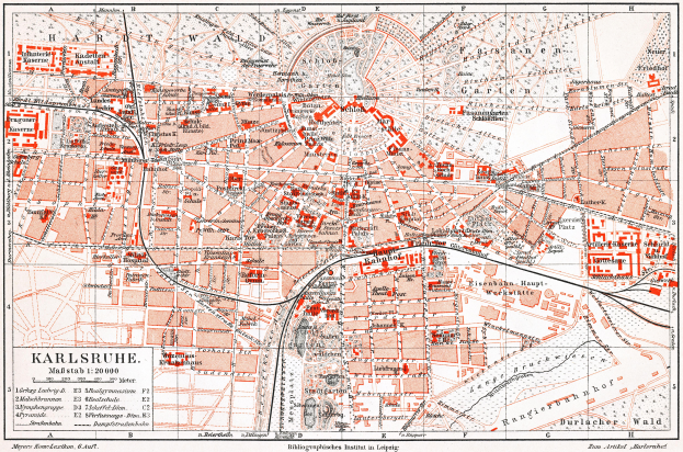 Ein detaillierter Stadtplan von Karlsruhe, Deutschland aus dem Jahr 1900, mit Text und umfassender Stadtplanung.