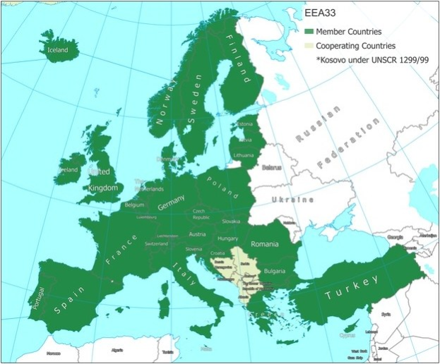 Eine Poster-Karte von Europa, die die Mitgliedstaaten der Europäischen Union mit Ländernamen, Grenzen, Großstädten, Flüssen und geografischen Merkmalen hervorhebt.
