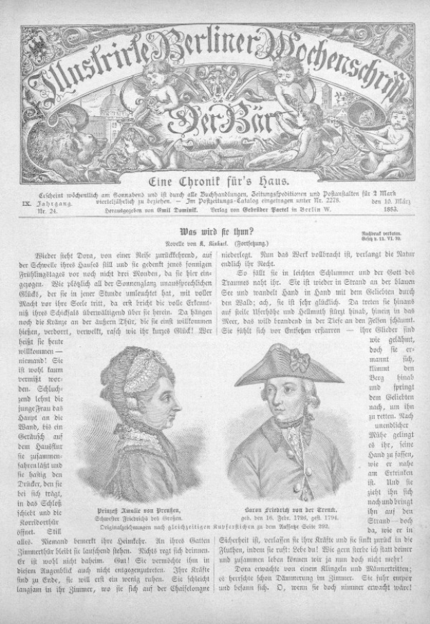 Eine alte deutsche Zeitung von 1834 mit einer Zeichnung eines Mannes und einer Frau, sowie Text und anderen Bildern.