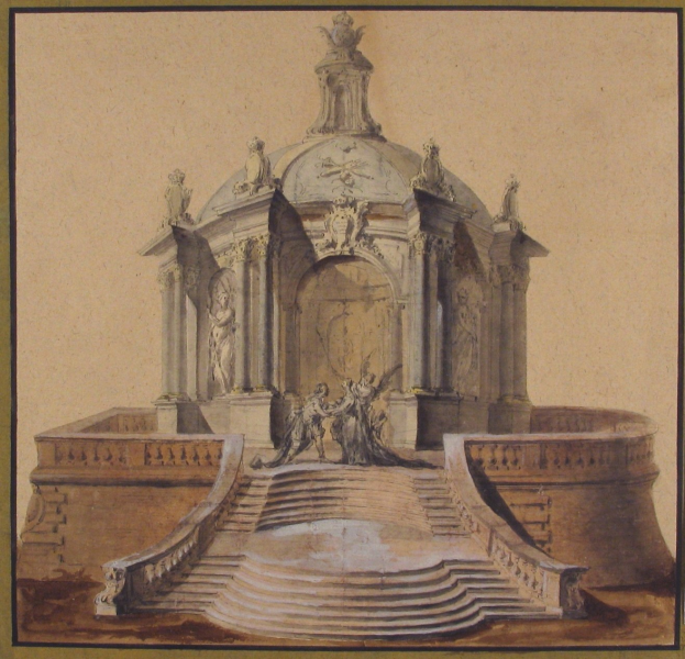 Ein gerahmtes Zeichnung eines klassizistischen Brunnens mit einer Statue darauf, umgeben von Stufen und zusätzlichen Skulpturen.