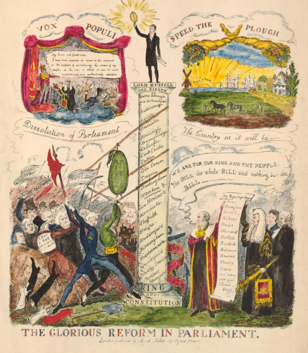 Ein buntes illustriertes Dokument namens "Die glorreiche Reform im Parlament", das fett gedruckten Text und verschiedene fröhliche Menschen enthält, die Hoffnung und Fortschritt symbolisieren.