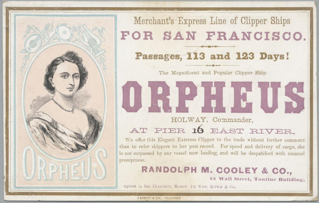 Bild einer Frau mit Textüberlagerung, die Orpheus, eine Expresslinie von Klippern für San Francisco, bewirbt.
