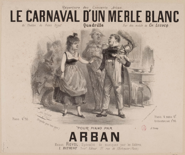 Ein Blatt Papier mit einer Zeichnung eines Mannes und einer Frau in traditioneller Kleidung vor einem Karneval, mit der Aufschrift "le carnaval d'un merle blanc".