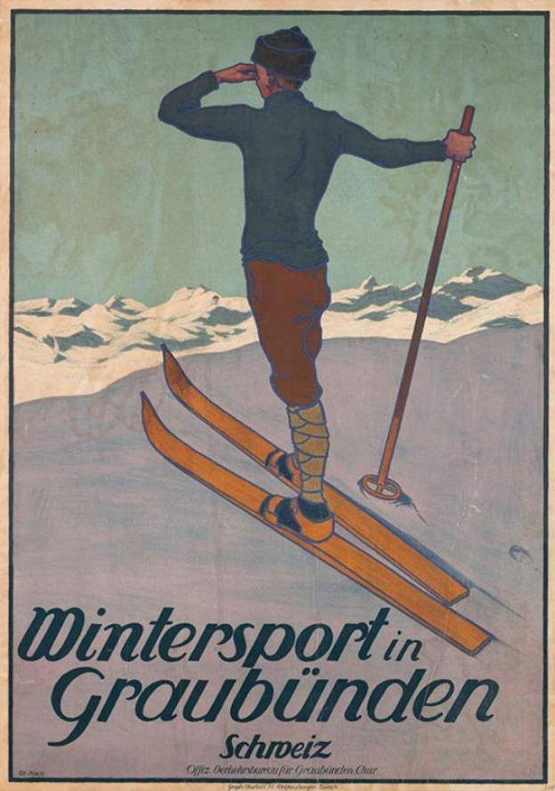 Eine Person auf Skiern, die einen Stock hält, vor schneebedeckten Bergen auf einem Plakat, das einen Wintersport in Graubünden, Schweiz, bewirbt, mit Text, der Informationen über den Sport enthält.