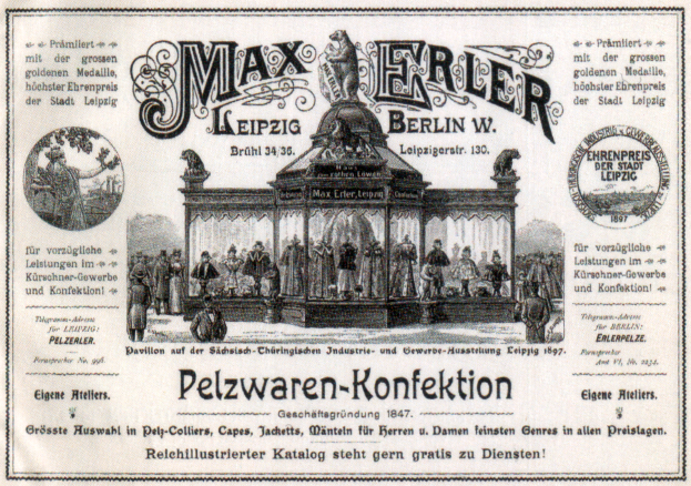 Eine Werbung aus der Vergangenheit für Max Erler Leipzig in Berlin, Deutschland, die eine Gruppe von Menschen vor einem Gebäude zeigt.