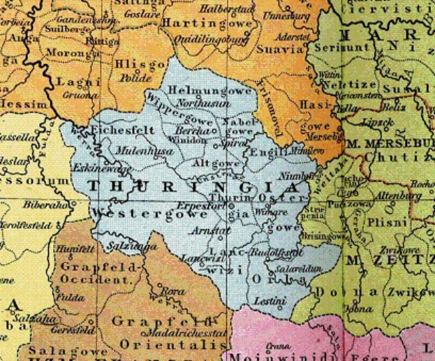 Eine Deutschlandkarte, die die Provinz Thüringen hervorhebt und Grenzen, Städte und geografische Merkmale anzeigt.
