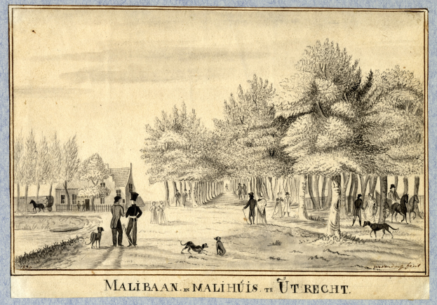 Eine Zeichnung eines Parks mit Menschen, die Hunde ausführen, Bäumen und Häusern, mit Text unten.