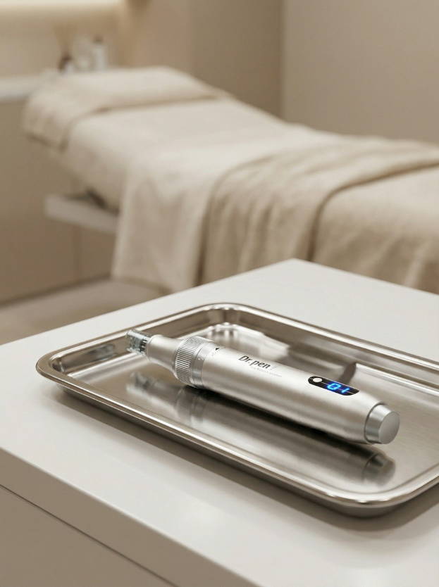 Ein modernes Microneedling-Gerät auf einem sterilen Untergrund in einem professionell ausgestatteten Kosmetikstudio.