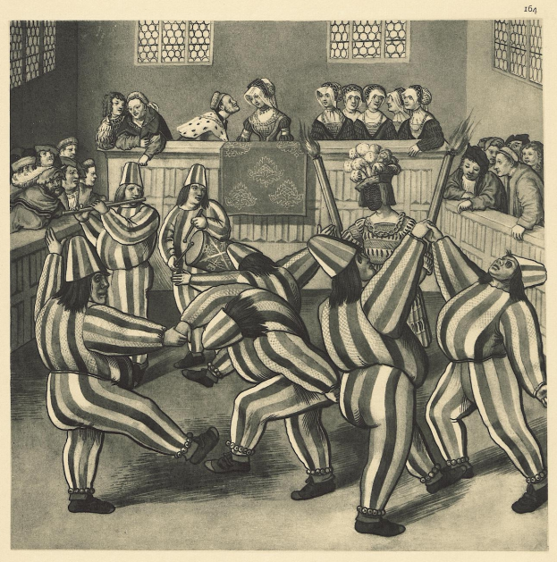Eine Schwarz-Weiß-Zeichnung einer Gruppe von Menschen in gestreifter Schlafanzughose, die in einem Raum mit einer Wand und Fenstern tanzen, mit dem Text "William Hogarth - Das Gericht des Gerichts von England" unten.