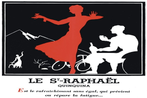 Ein Vintage-Plakat, das St. Raphael Quinquina-Wein bewirbt und eine Frau in einem roten Kleid und einen Mann in einem weißen Hemd zeigt.