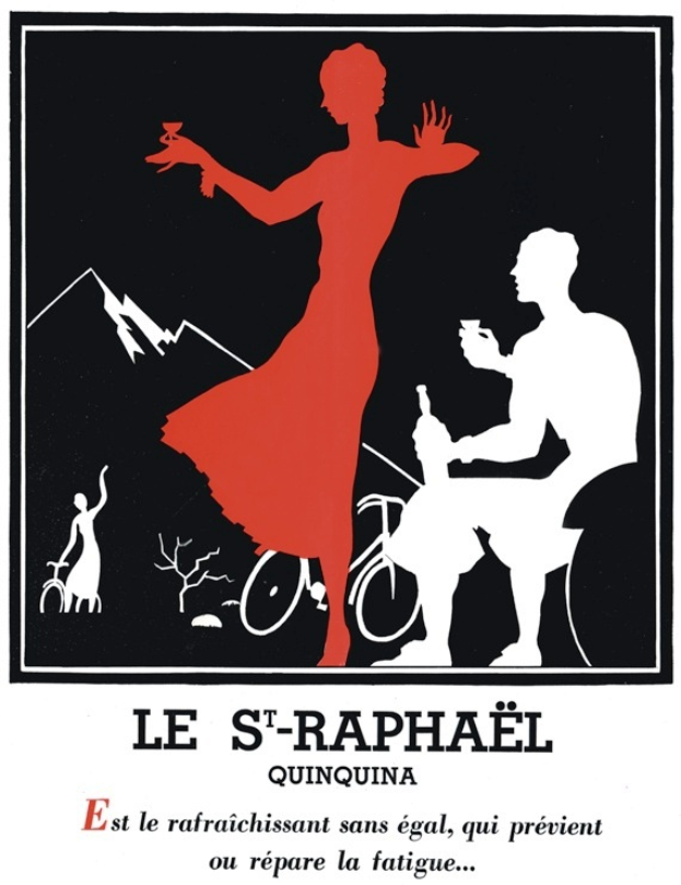 Ein Vintage-Plakat, das St. Raphael Quinquina-Wein bewirbt und eine Frau in einem roten Kleid und einen Mann in einem weißen Hemd zeigt.
