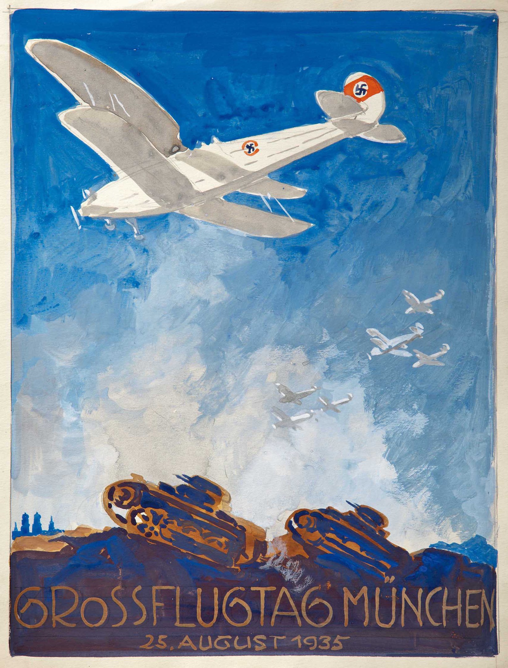 Plakat zur Ankündigung einer Luftschau in München am 25. August 1935, das ein Flugzeug in der Mitte zeigt, umgeben von weiteren Flugzeugen im Hintergrund.
