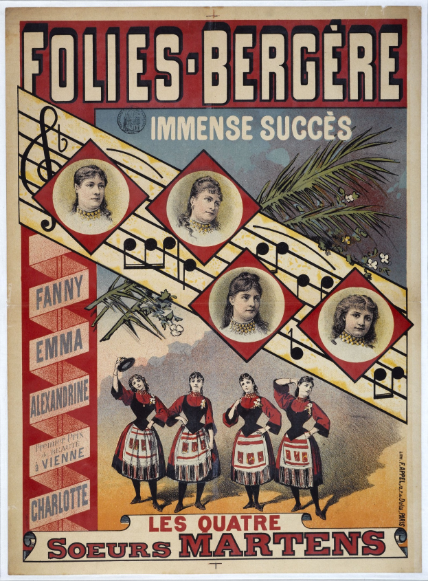 Plakat für das Folies-Bergère- und Immense Succès-Konzert mit leuchtenden Farben, detaillierten Designs und fettem Text, das Bilder von verschiedenen Menschen in einer lebhaften Umgebung zeigt.