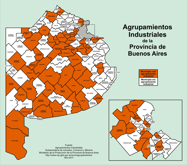 Ein Plakat mit einer farbcodierten Karte der argentinischen Provinzen Buenos Aires, das industrielle Bereiche hervorhebt und begleitenden Text enthält.