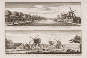 Zwei Fotografien von Windmühlen in den Niederlanden mit Bäumen, Häusern, Menschen, Booten und einem bewölkten Himmel im Hintergrund sowie Text am unteren Rand.