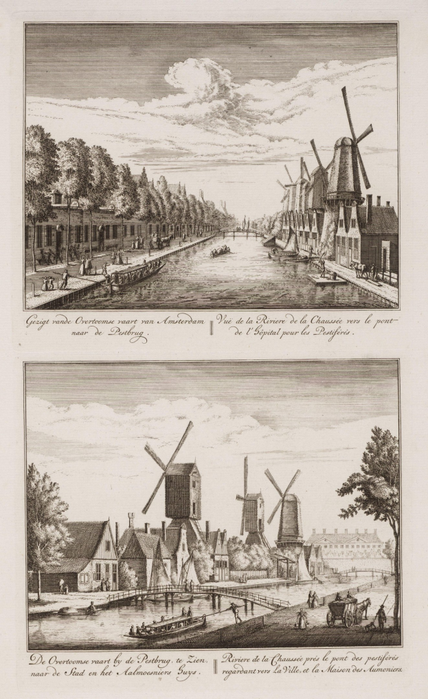 Zwei Fotografien von Windmühlen in den Niederlanden mit Bäumen, Häusern, Menschen, Booten und einem bewölkten Himmel im Hintergrund sowie Text am unteren Rand.