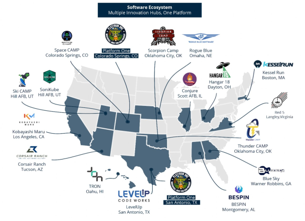 Eine Karte der Vereinigten Staaten mit Firmenlogos, die die Standorte des Software-Ökosystems markieren, und begleitendem Text.