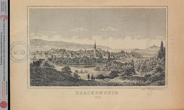 Eine Gravur von Brackenheim, Deutschland aus dem Jahr 1873, aufgenommen von einem Hügel aus, zeigt Gebäude, Menschen, Bäume und einen bewölkten Himmel, mit einem gestempelten Text auf der linken Seite.