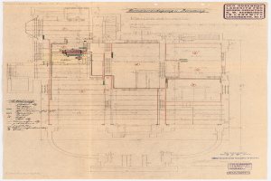 Architektonische Zeichnung des Rosenhof-Krankenhauses in Hamburg, Deutschland, mit detaillierter.Layout mit zahlreichen Kabeln und beschrifteten Räumen, Fluren und Merkmalen auf altem Papier.