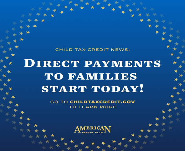 Plakat Ankündigung "Direkte Zahlungen an Familien beginnen jetzt" mit einem sternförmigen Rahmen.