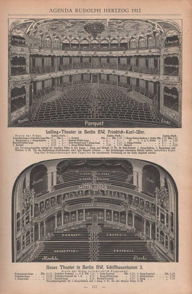 Schwarz-weiß-Illustration einer alten Buchseite, die ein großes Auditorium in Berlin, Deutschland, aus dem Jahr 1912 zeigt, mit begleitendem Text und Layout-Details.