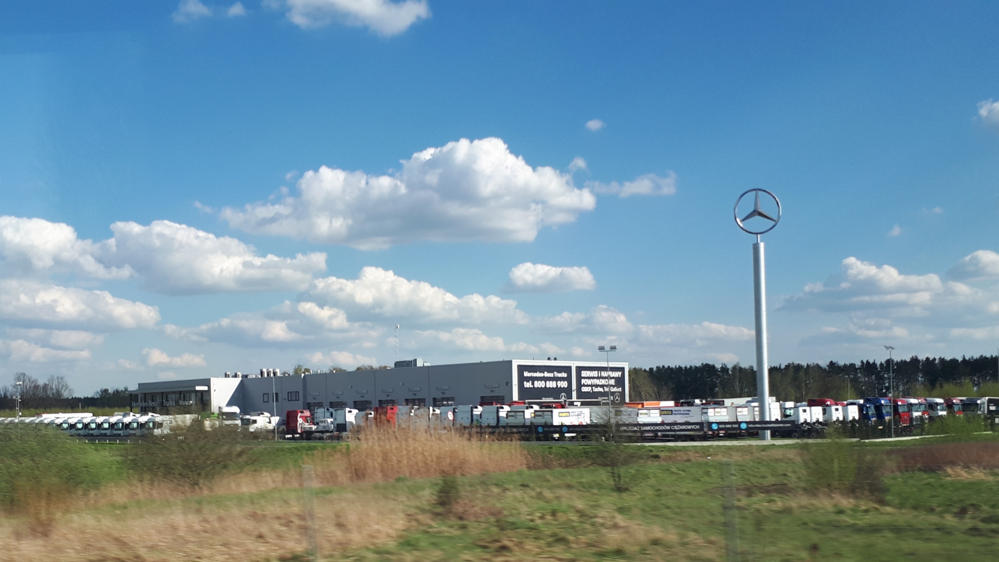 Mercedes-Benz-Fabrik in Deutschland mit Fahrzeugen auf der Straße, umgeben von Gras, Pflanzen, Bäumen, Gebäuden und Polen, einschließlich eines mit einem Logo, unter einem bewölkten Himmel.