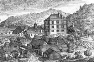 Eine Schwarz-Weiß-Zeichnung einer kleinen Stadt in Bayern im 19. Jahrhundert, die eine zentrale Kirche umgeben von Häusern, Bäumen und einem Himmel zeigt, mit der Beschriftung "Bayern im 19. Jahrhundert" unten.