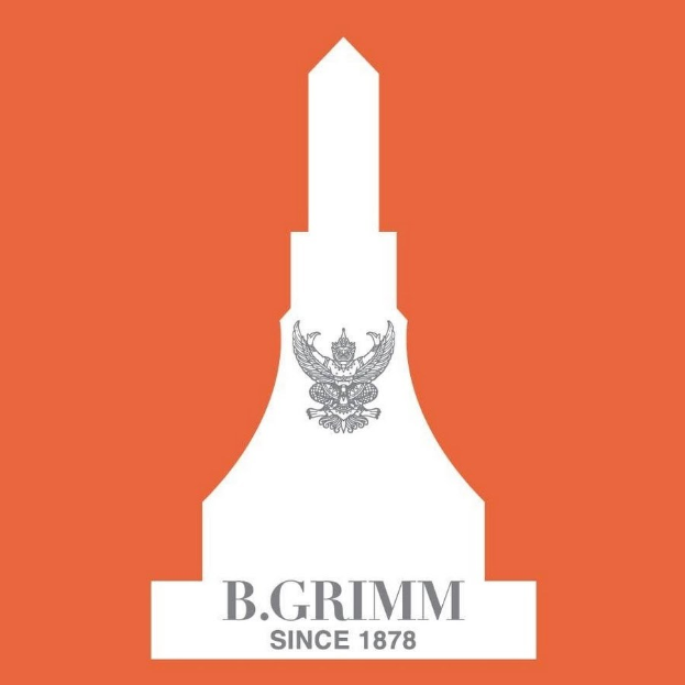 Plakat mit einem orangen Hintergrund, auf dem der Text 'b grimm seit 1878' und ein Logo aus einem weißen Kreis mit einem schwarzen Rand und einem schwarzen Buchstaben 'b' in der Mitte zu sehen ist.