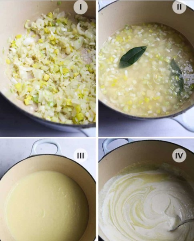 Collage aus vier Fotos, die die Zubereitung von Suppe zeigen: gewürfelte Gemüse in einer Schüssel, Zutaten, die in den Topf gegeben werden, gemischtes Gemüse im Topf und eine fertige Schüssel Suppe, die serviert werden kann.