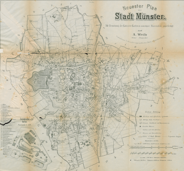 Ein detaillierter alter Stadtplan von Münster, Deutschland, der Straßen, Gebäude und Sehenswürdigkeiten mit Textbeschriftungen zeigt.