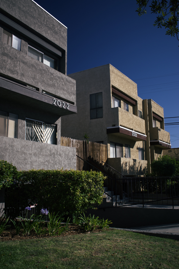 Eine Reihe von Wohngebäuden in San Francisco, Kalifornien, mit Fenstern, Pflanzen, Gras, einem Zaun, Treppen, einem Baum, Drähten und einem Himmel im Hintergrund.