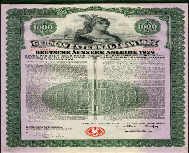 Deutsches Auslandsdarlehen-Zertifikat aus dem Jahr 1924 mit einem Porträt einer Frau, bedrucktem Text und numerischen Denominationen.