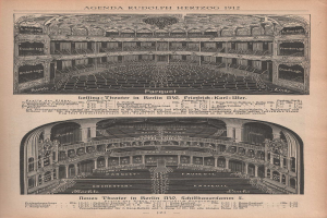 Eine alte Buchseite mit einer Illustration von einem großen Auditorium in Berlin, Deutschland aus dem Jahr 1912, begleitet von Text, der das Layout des Theaters beschreibt.