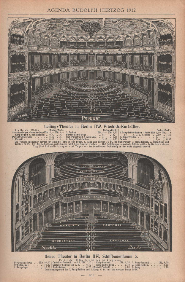 Eine alte Buchseite mit einer Illustration von einem großen Auditorium in Berlin, Deutschland aus dem Jahr 1912, begleitet von Text, der das Layout des Theaters beschreibt.