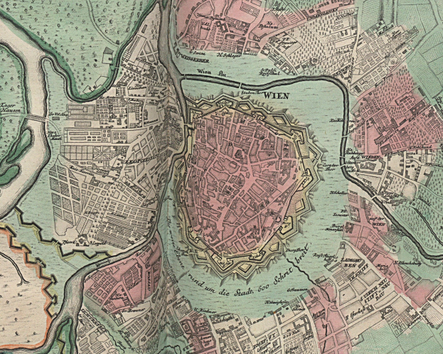 Schwarz-weiß-Karte von Wien, Deutschland, zeigt Straßen, Gebäude und Sehenswürdigkeiten in detaillierter Darstellung.