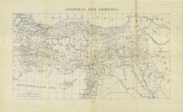 Detailierte Landkarte von Anatolien und Armenien auf Papier mit begleitendem Text, die geografische Merkmale wie Flüsse, Berge und Städte zeigt.