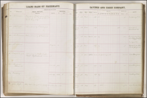 Ein aufgeschlagenes Buch mit schwarzem Hintergrund, das eine Liste von Text und Zahlen zeigt, die mit Sparen und Vertrauen in Zusammenhang stehen.