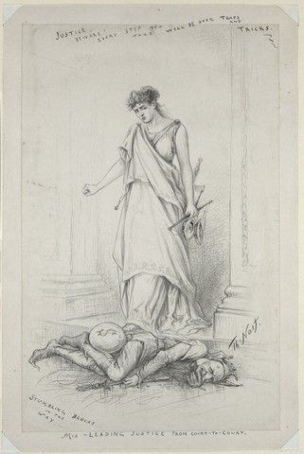 Eine Frau in einem langen Kleid steht mit gefalteten Händen neben einem Mann, der auf dem Rücken liegt und seinen Kopf auf den Händen hat, mit der Aufschrift "Der leitende Richter des Kreisgerichts" auf dem Papier.