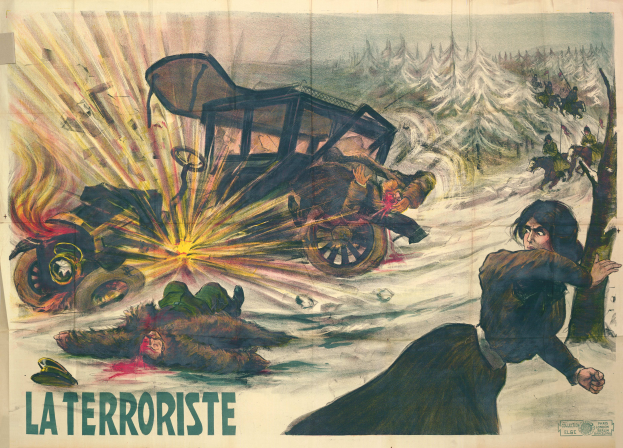 Ein Filmplakat für "La Terroriste" mit einer chaotischen Szene mit Menschen, Fahrzeugen, Bäumen und verschiedenen Gegenständen vor einem Hintergrund aus leuchtenden Farben und fetter Schrift.