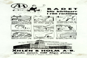 Eine Frau mit einem Pferdeschwanz, die ein weißes Bikini mit blauen und weißen Streifen trägt, schaut direkt in die Kamera, umgeben von Bildern von Menschen, modernen Gebäuden und fetter Schrift.