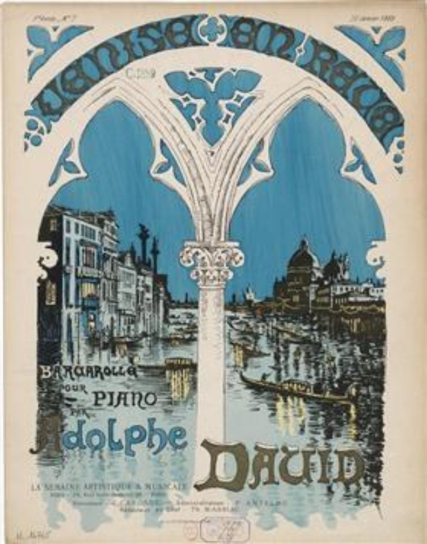 Plakatankündigung für ein Klavierkonzert in Venedig, Italien, mit einer Illustration von Gebäuden, Wasser und einer Säule mit Text.