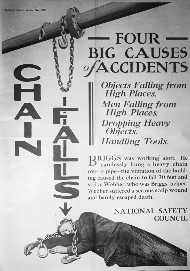 Ein schwarz-weißes Plakat mit einer Person auf einem Pfahl mit Ketten, auf dem steht: "Vier große Unfallursachen."