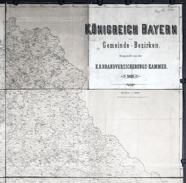 Eine detaillierte Schwarz-Weiß-Karte von Königreich Bayern, Deutschland, die geographische Merkmale wie Flüsse, Berge und Städte zeigt.