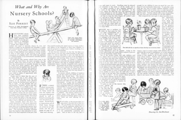 Ein aufgeschlagenes Buch mit einer Zeichnung von spielenden Kindern in einer Kita, begleitet von Text, Bildern der Kinder und einer Tabelle mit verschiedenen Gegenständen.