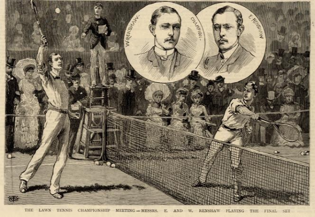 Schwarzer und weißer Druck von zwei Männern beim Tennis-Spiel in einem Endspiel auf einem Turnier mit Zuschauern im Hintergrund und Text 'The Lawn Tennis Championship Meeting - Messers, E und W Renshaw Playing the Final Set' unten.