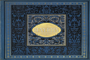 Ein blau-goldenes Buch mit dem Wort "Bayern" auf dem Cover, das mit detaillierten Designs verziert ist.