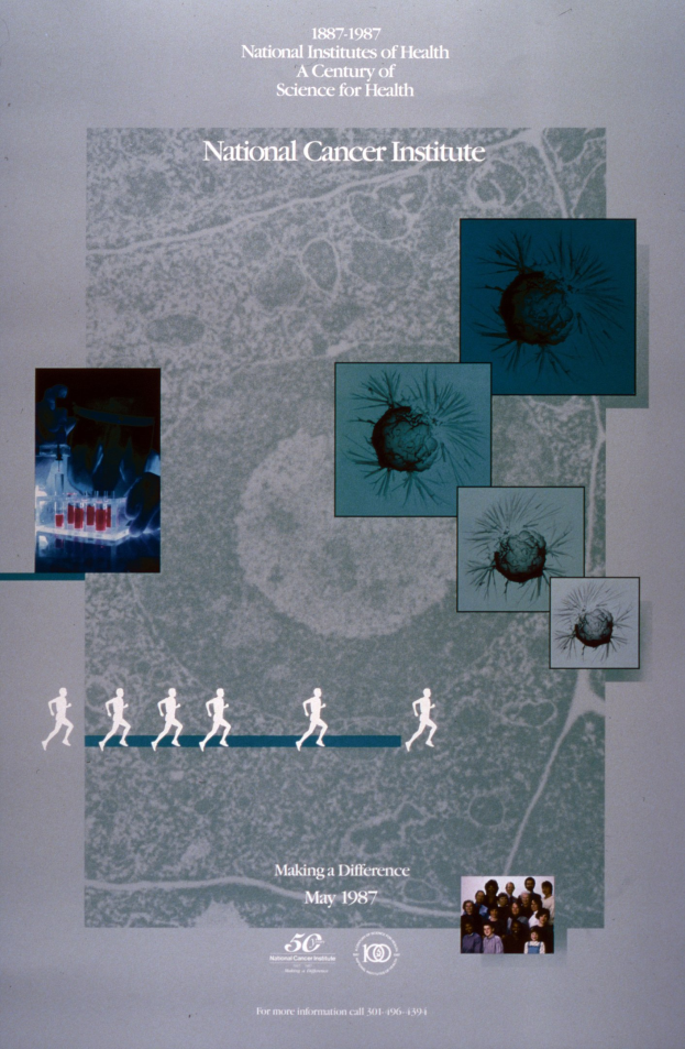 Buntes Plakat für das National Cancer Institute mit blauem Hintergrund, fetter weißer Schrift, die "National Cancer Institute" lautet, und einer kreisförmigen Anordnung von überlappenden Bildern von strahlenden Menschen verschiedenen Alters, Geschlechts und Ethnien.
